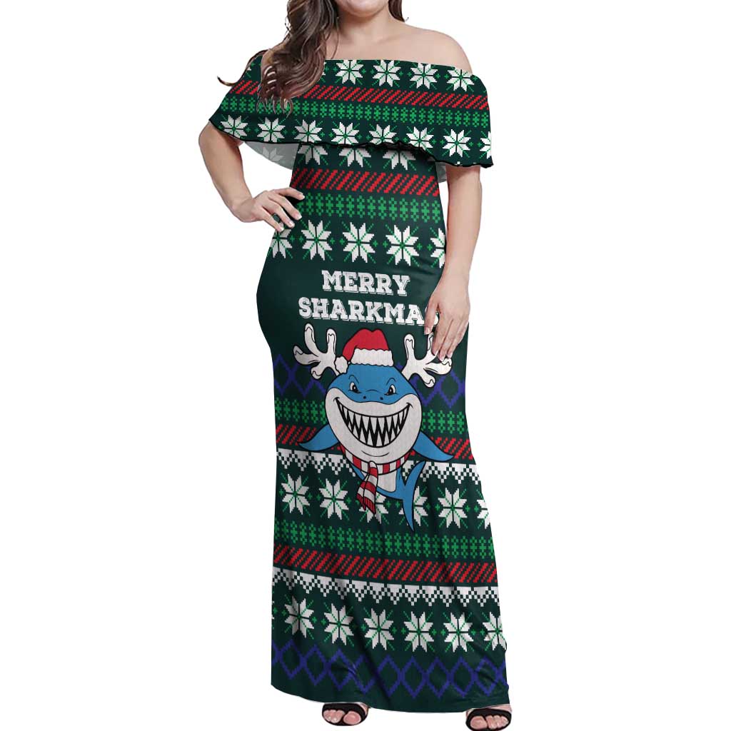 Merry Sharkmas Christmas Off Shoulder Maxi Dress Xmas Holiday Patterns - Wonder Print Shop