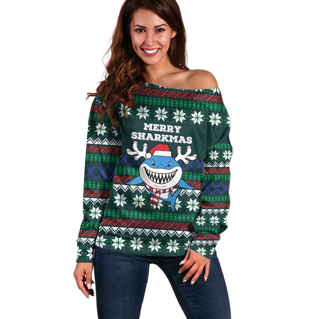 Merry Sharkmas Christmas Off Shoulder Sweater Xmas Holiday Patterns - Wonder Print Shop