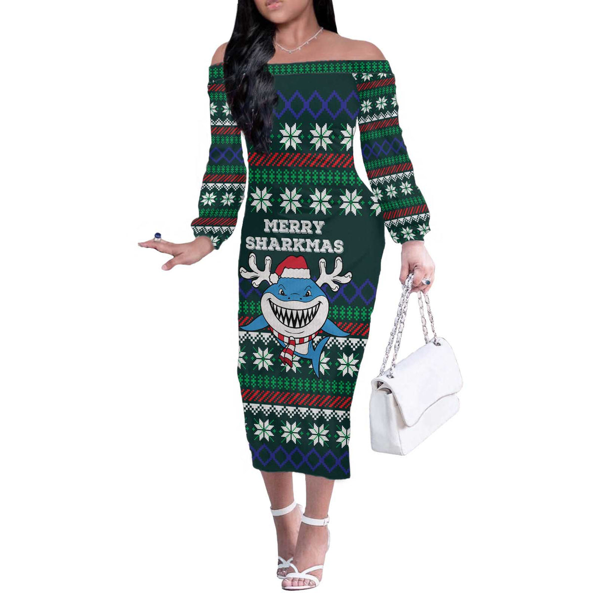 Merry Sharkmas Christmas Off The Shoulder Long Sleeve Dress Xmas Holiday Patterns - Wonder Print Shop