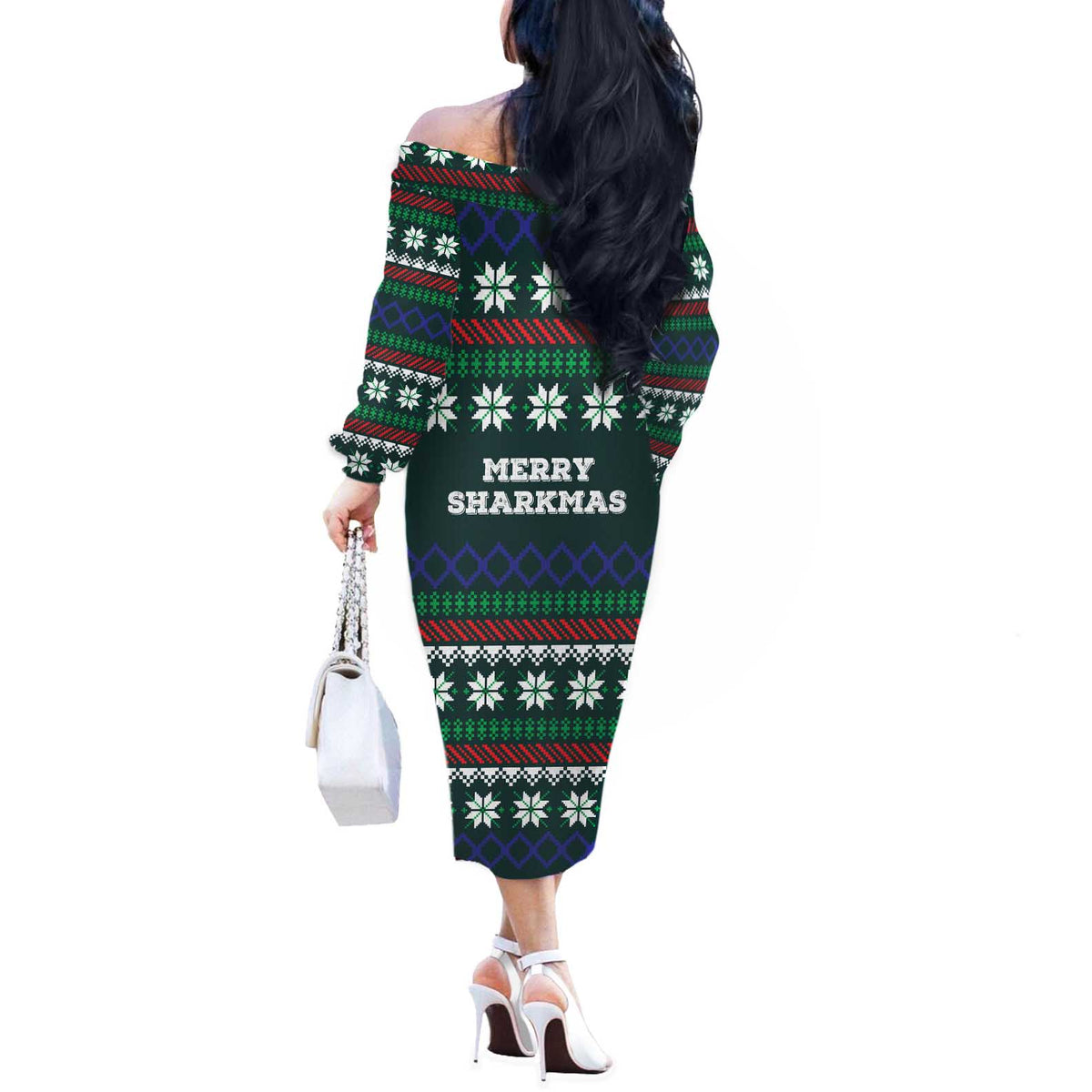 Merry Sharkmas Christmas Off The Shoulder Long Sleeve Dress Xmas Holiday Patterns - Wonder Print Shop