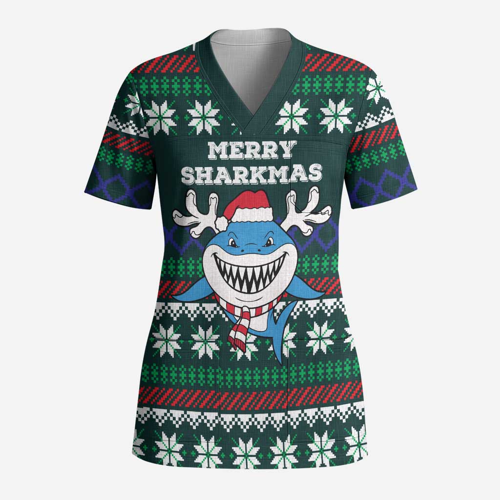 Merry Sharkmas Christmas Scrub Top Xmas Holiday Patterns - Wonder Print Shop