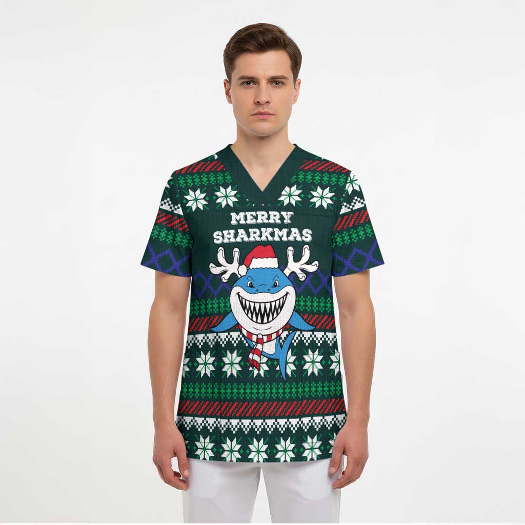 Merry Sharkmas Christmas Scrub Top Xmas Holiday Patterns - Wonder Print Shop