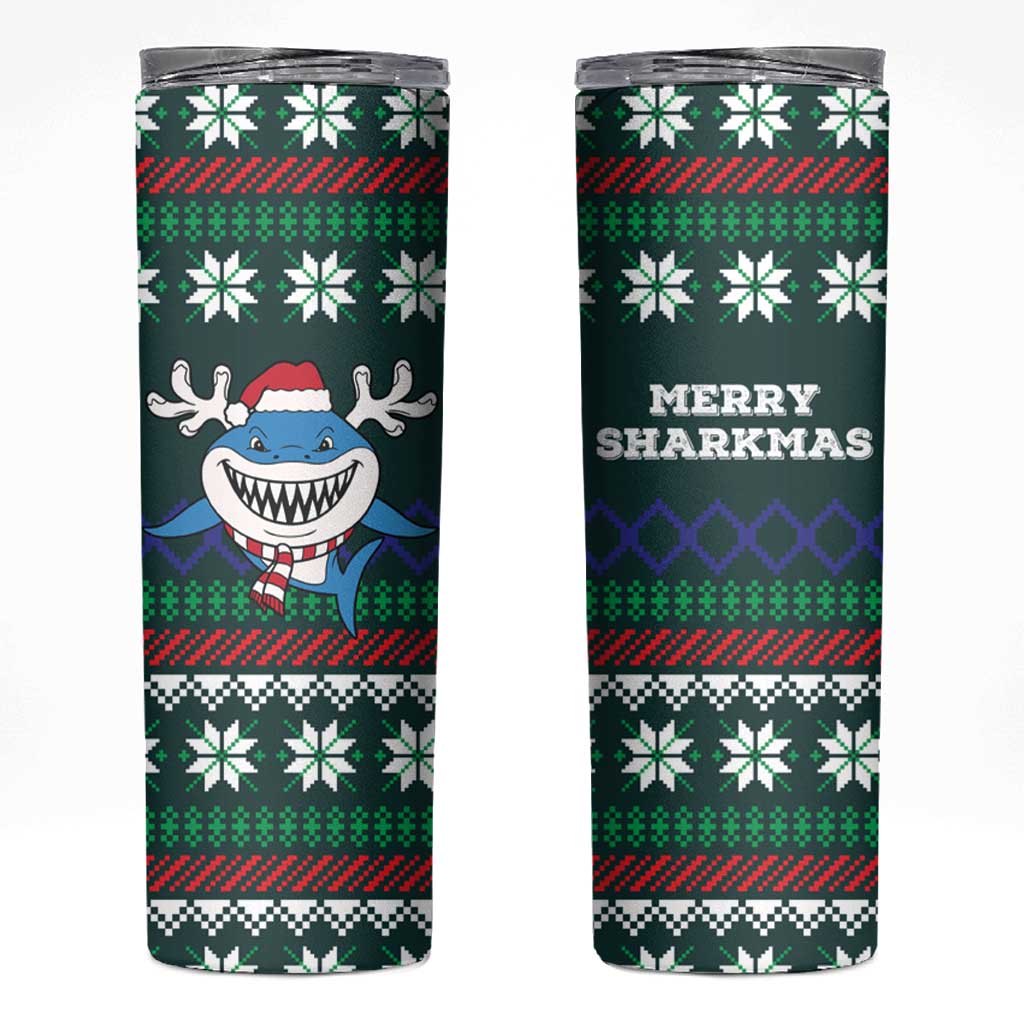 Merry Sharkmas Christmas Skinny Tumbler Xmas Holiday Patterns - Wonder Print Shop
