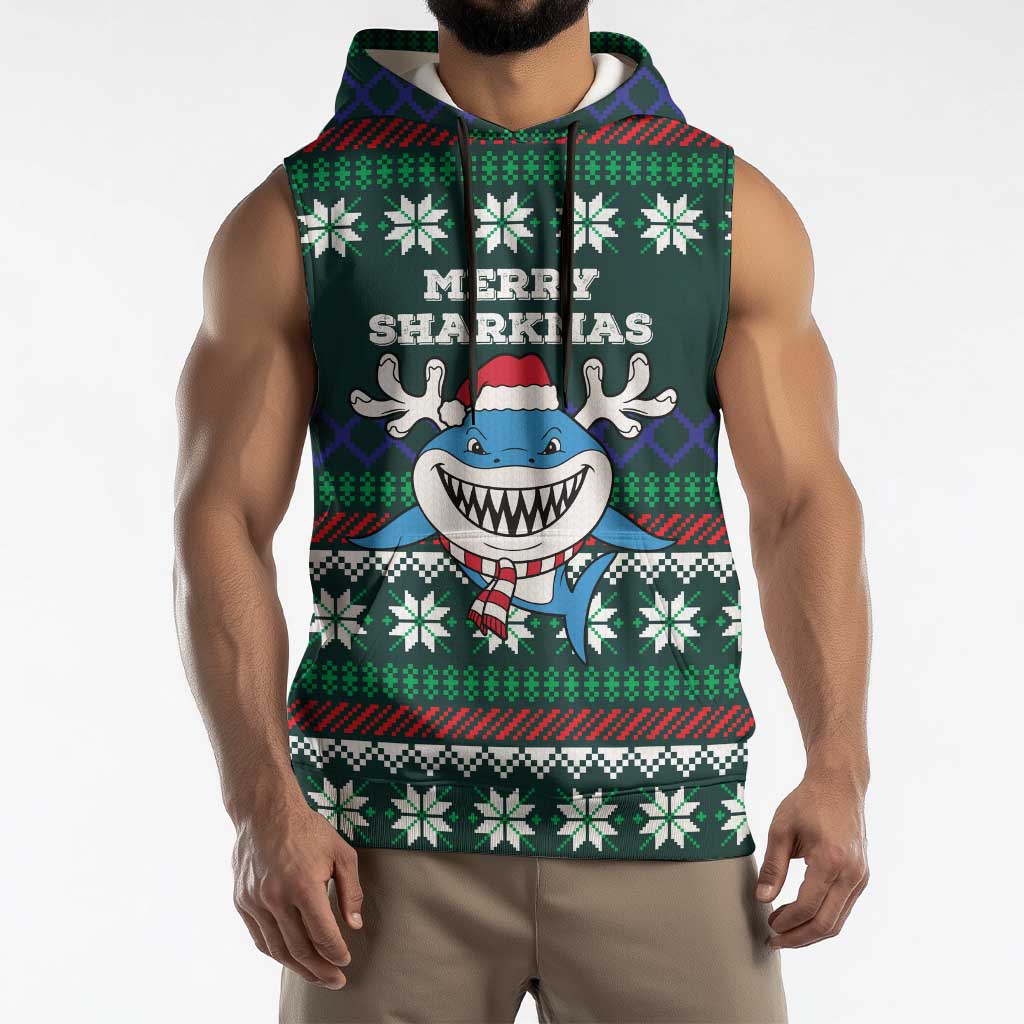 Merry Sharkmas Christmas Sleeveless Hoodie Xmas Holiday Patterns - Wonder Print Shop