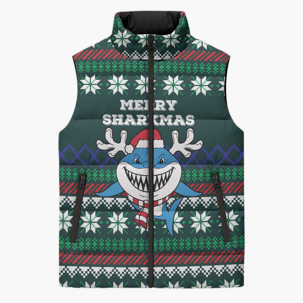 Merry Sharkmas Christmas Sleeveless Puffer Jacket Xmas Holiday Patterns - Wonder Print Shop