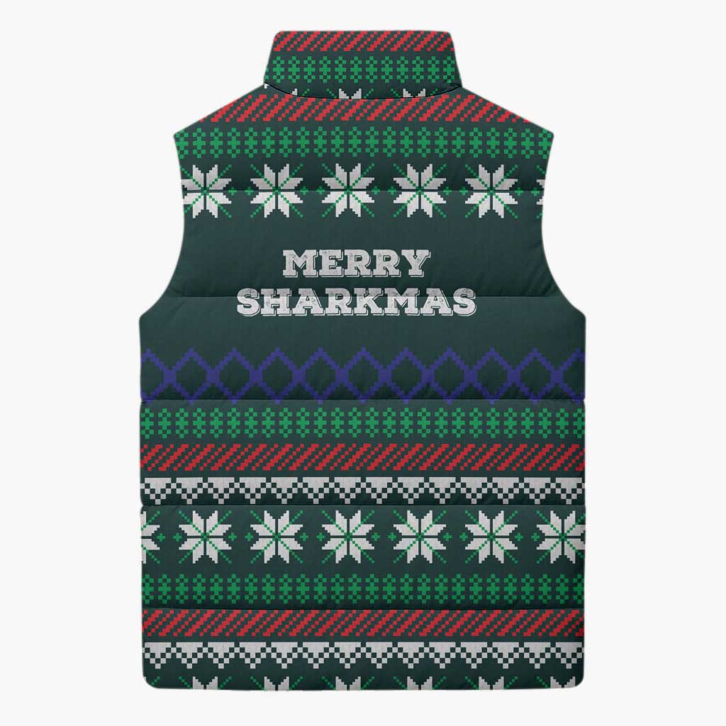 Merry Sharkmas Christmas Sleeveless Puffer Jacket Xmas Holiday Patterns - Wonder Print Shop