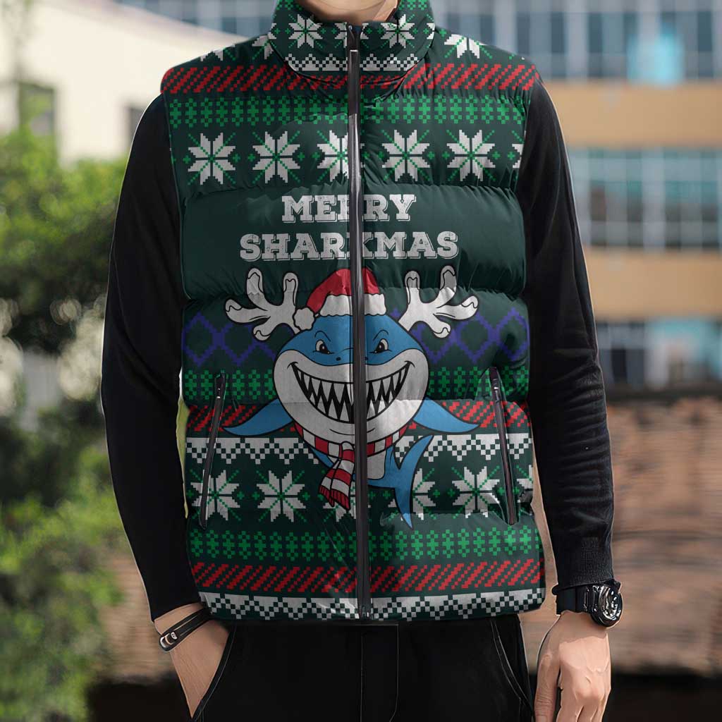 Merry Sharkmas Christmas Sleeveless Puffer Jacket Xmas Holiday Patterns - Wonder Print Shop
