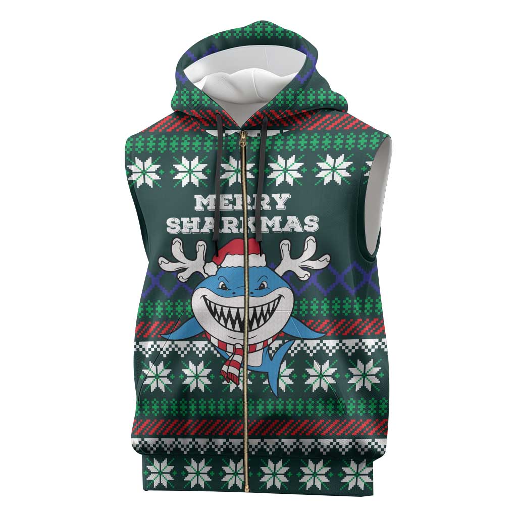 Merry Sharkmas Christmas Sleeveless Zip Hoodie Xmas Holiday Patterns - Wonder Print Shop