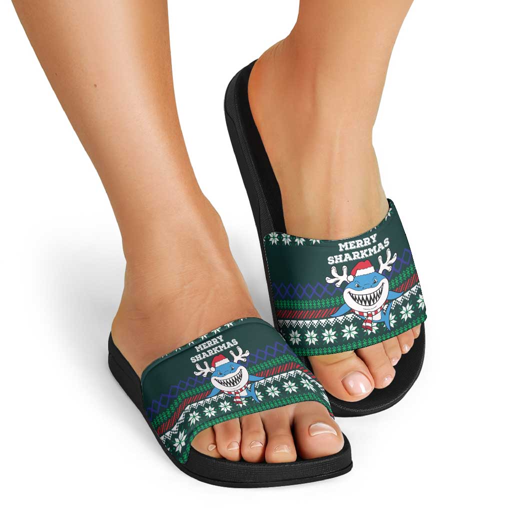 Merry Sharkmas Christmas Slide Sandals Xmas Holiday Patterns - Wonder Print Shop