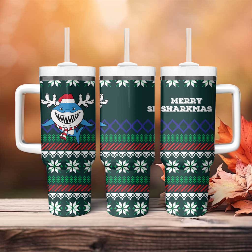 Merry Sharkmas Christmas Tumbler With Handle Xmas Holiday Patterns - Wonder Print Shop
