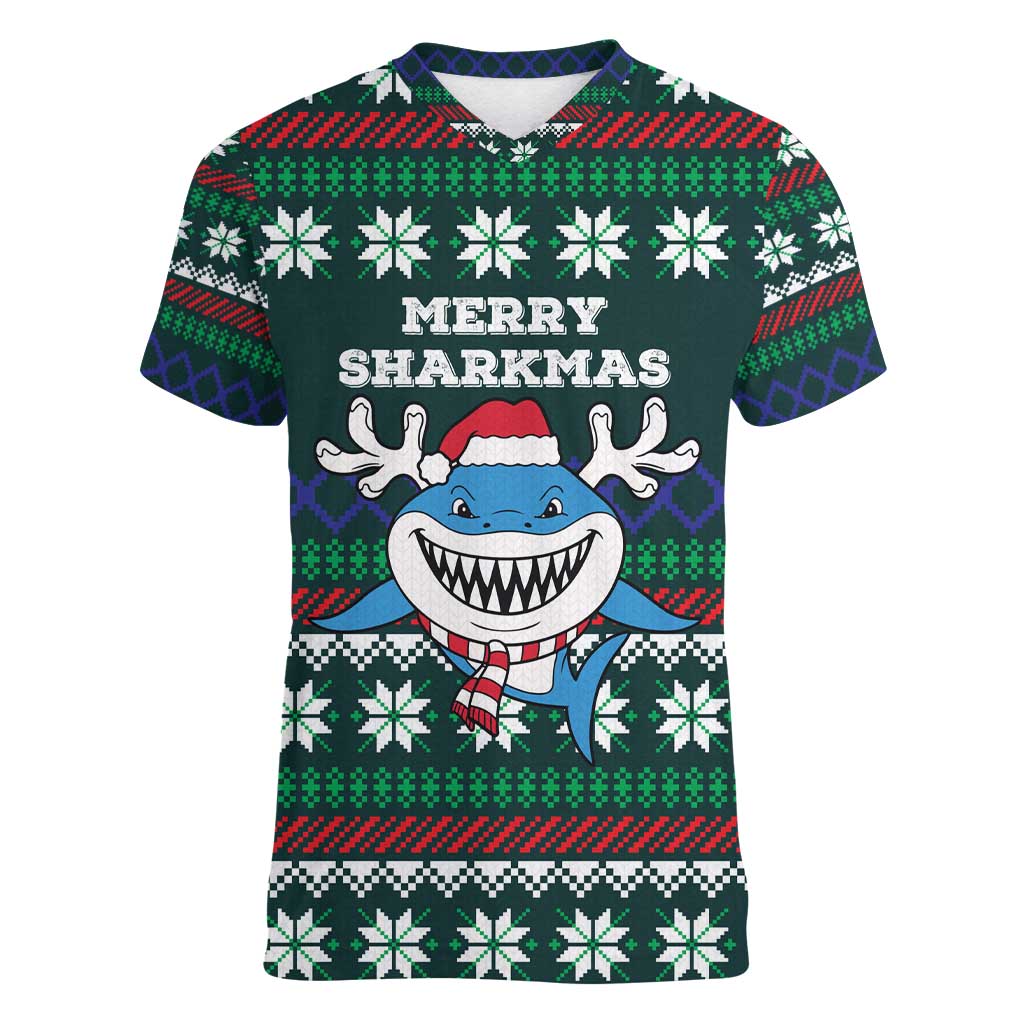 Merry Sharkmas Christmas Women V-Neck T-Shirt Xmas Holiday Patterns - Wonder Print Shop