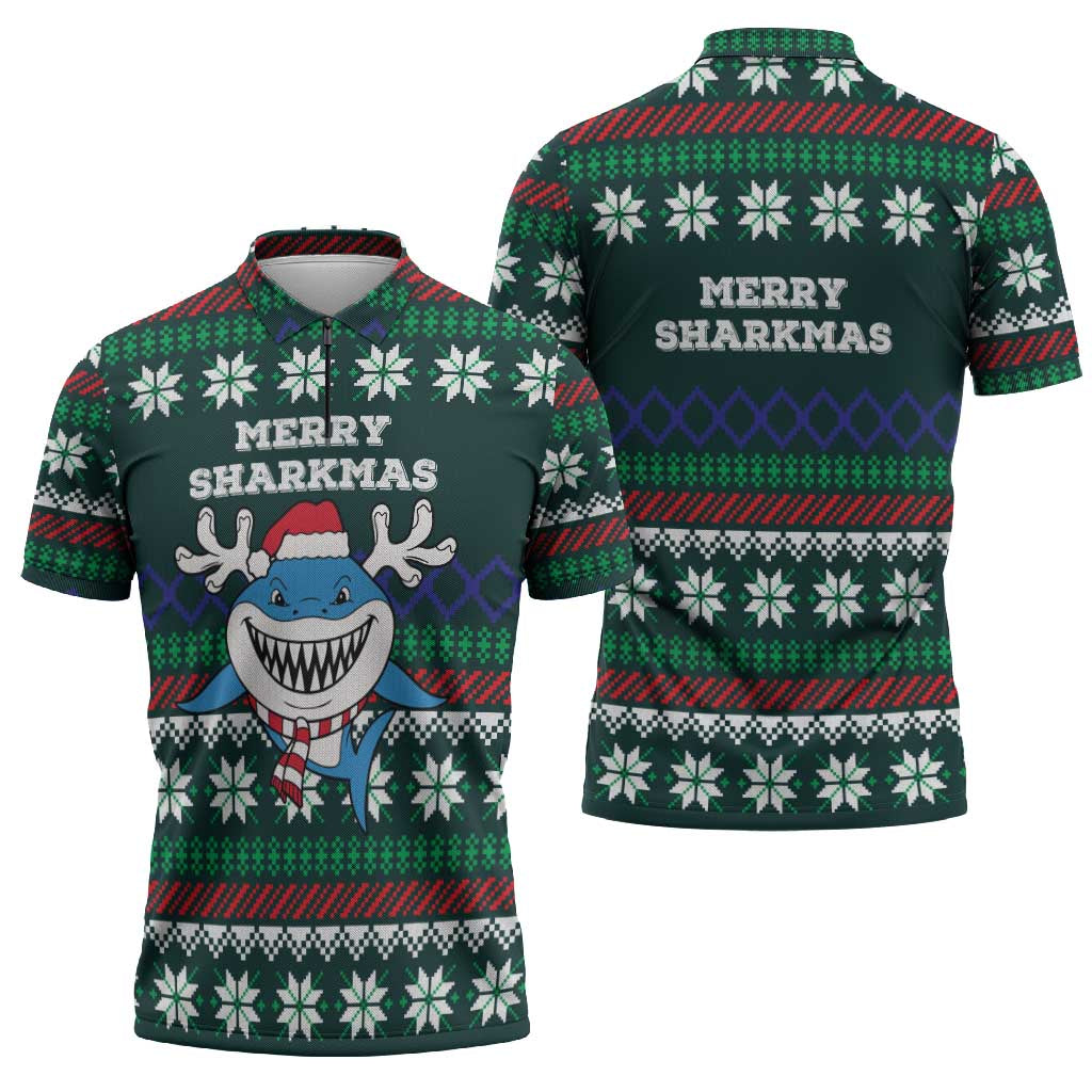 Merry Sharkmas Christmas Zipper Polo Shirt Xmas Holiday Patterns - Wonder Print Shop