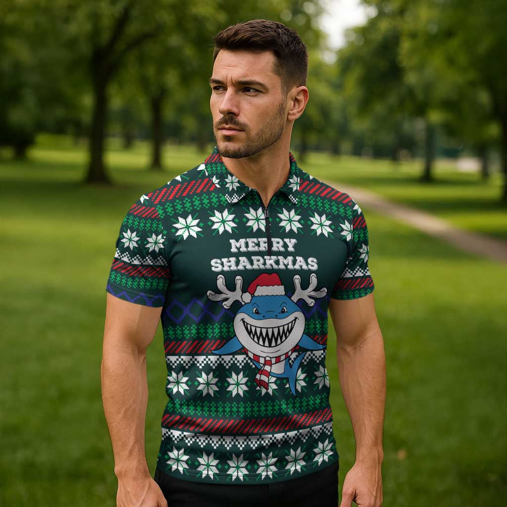 Merry Sharkmas Christmas Zipper Polo Shirt Xmas Holiday Patterns - Wonder Print Shop