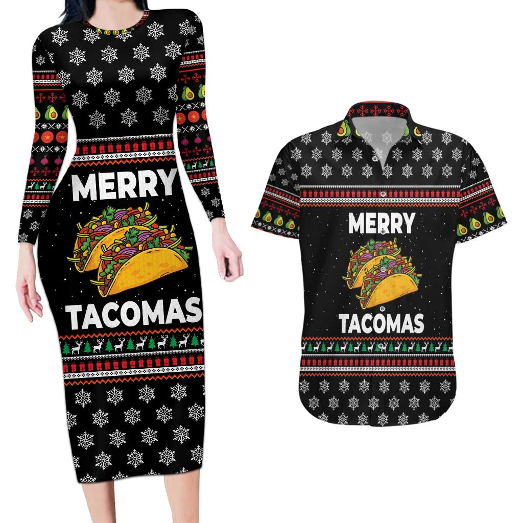 Merry Tacomas Christmas Couples Matching Long Sleeve Bodycon Dress and Hawaiian Shirt Xmas Holiday Patterns - Wonder Print Shop