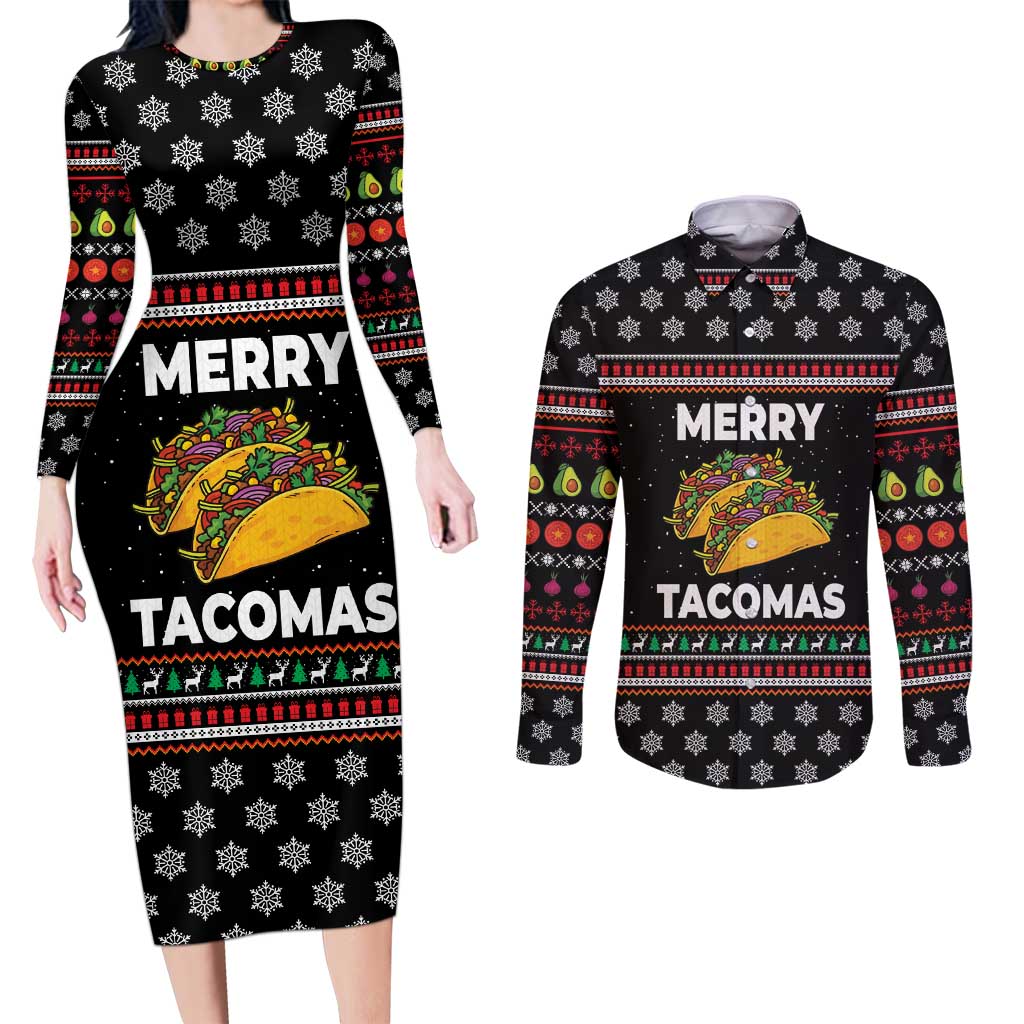 Merry Tacomas Christmas Couples Matching Long Sleeve Bodycon Dress and Long Sleeve Button Shirt Xmas Holiday Patterns - Wonder Print Shop