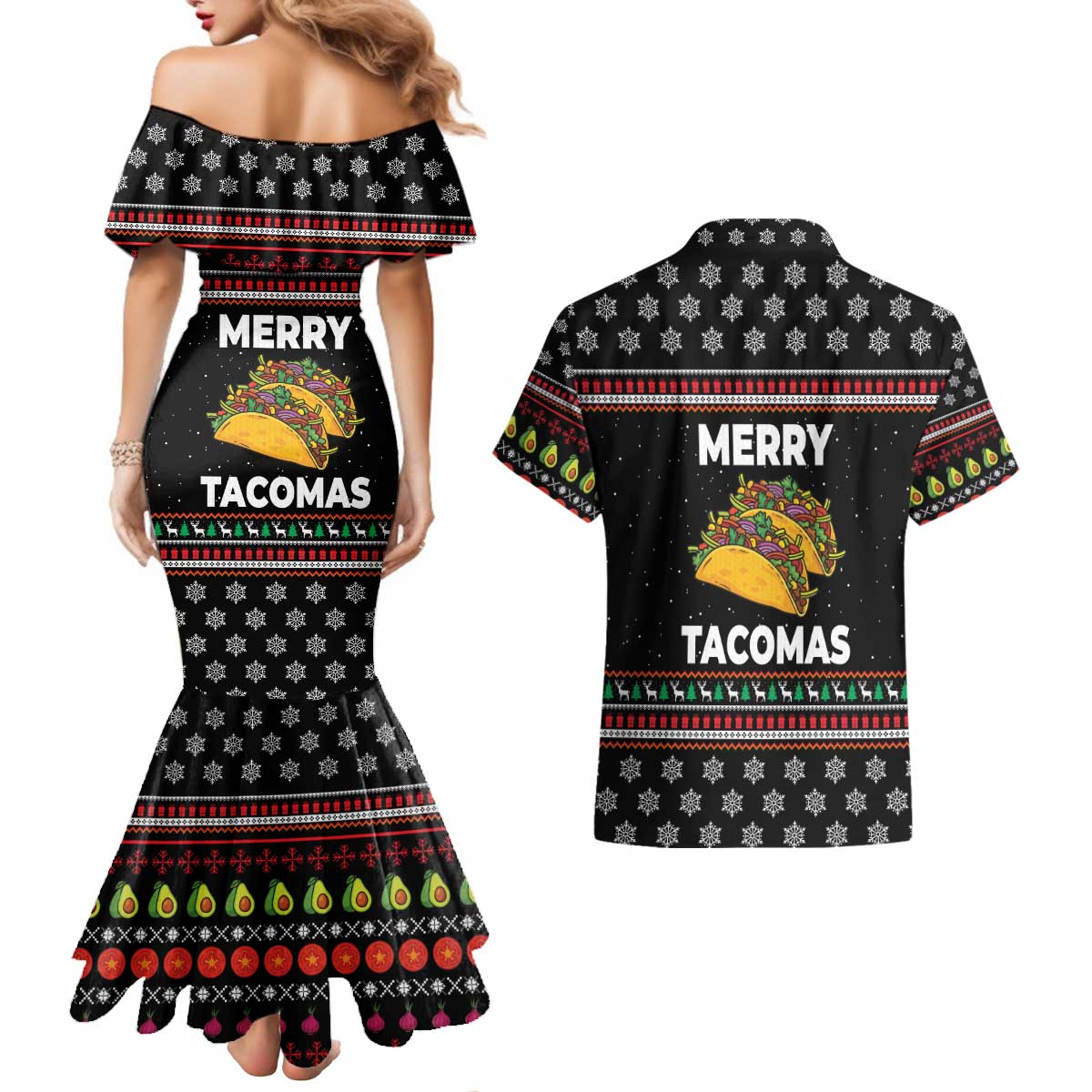Merry Tacomas Christmas Couples Matching Mermaid Dress and Hawaiian Shirt Xmas Holiday Patterns - Wonder Print Shop