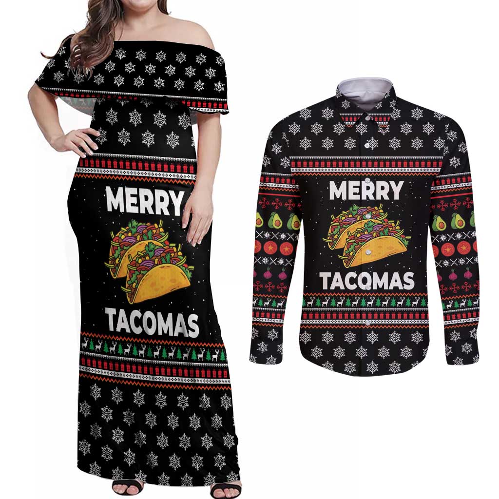 Merry Tacomas Christmas Couples Matching Off Shoulder Maxi Dress and Long Sleeve Button Shirt Xmas Holiday Patterns - Wonder Print Shop