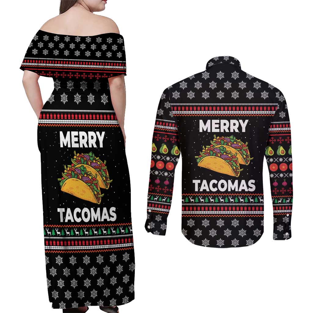 Merry Tacomas Christmas Couples Matching Off Shoulder Maxi Dress and Long Sleeve Button Shirt Xmas Holiday Patterns - Wonder Print Shop