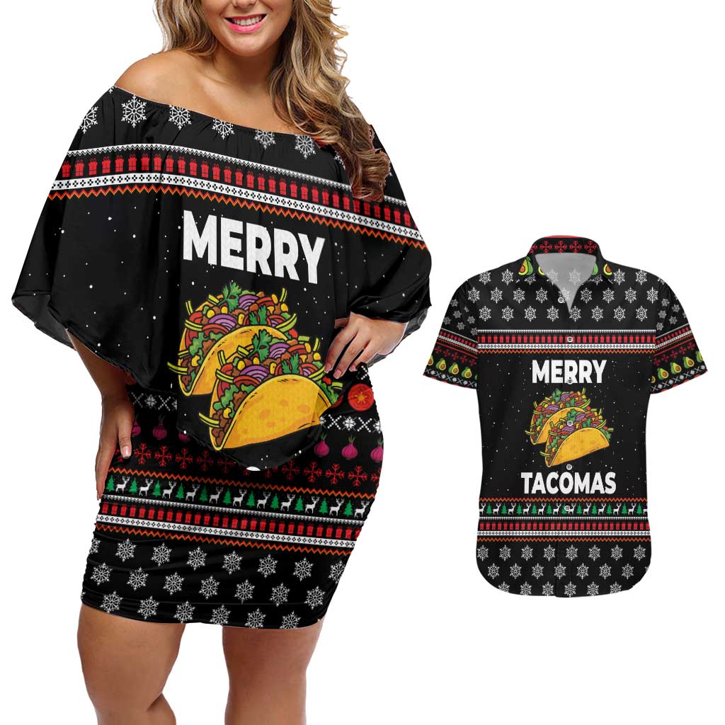 Merry Tacomas Christmas Couples Matching Off Shoulder Short Dress and Hawaiian Shirt Xmas Holiday Patterns - Wonder Print Shop