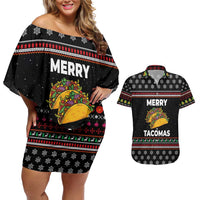 Merry Tacomas Christmas Couples Matching Off Shoulder Short Dress and Hawaiian Shirt Xmas Holiday Patterns - Wonder Print Shop