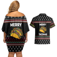 Merry Tacomas Christmas Couples Matching Off Shoulder Short Dress and Hawaiian Shirt Xmas Holiday Patterns - Wonder Print Shop