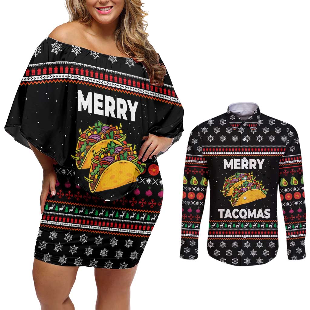 Merry Tacomas Christmas Couples Matching Off Shoulder Short Dress and Long Sleeve Button Shirt Xmas Holiday Patterns - Wonder Print Shop