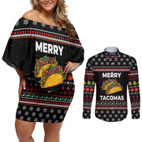 Merry Tacomas Christmas Couples Matching Off Shoulder Short Dress and Long Sleeve Button Shirt Xmas Holiday Patterns - Wonder Print Shop