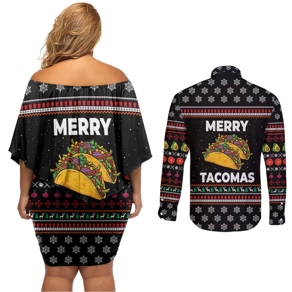 Merry Tacomas Christmas Couples Matching Off Shoulder Short Dress and Long Sleeve Button Shirt Xmas Holiday Patterns - Wonder Print Shop