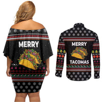 Merry Tacomas Christmas Couples Matching Off Shoulder Short Dress and Long Sleeve Button Shirt Xmas Holiday Patterns - Wonder Print Shop