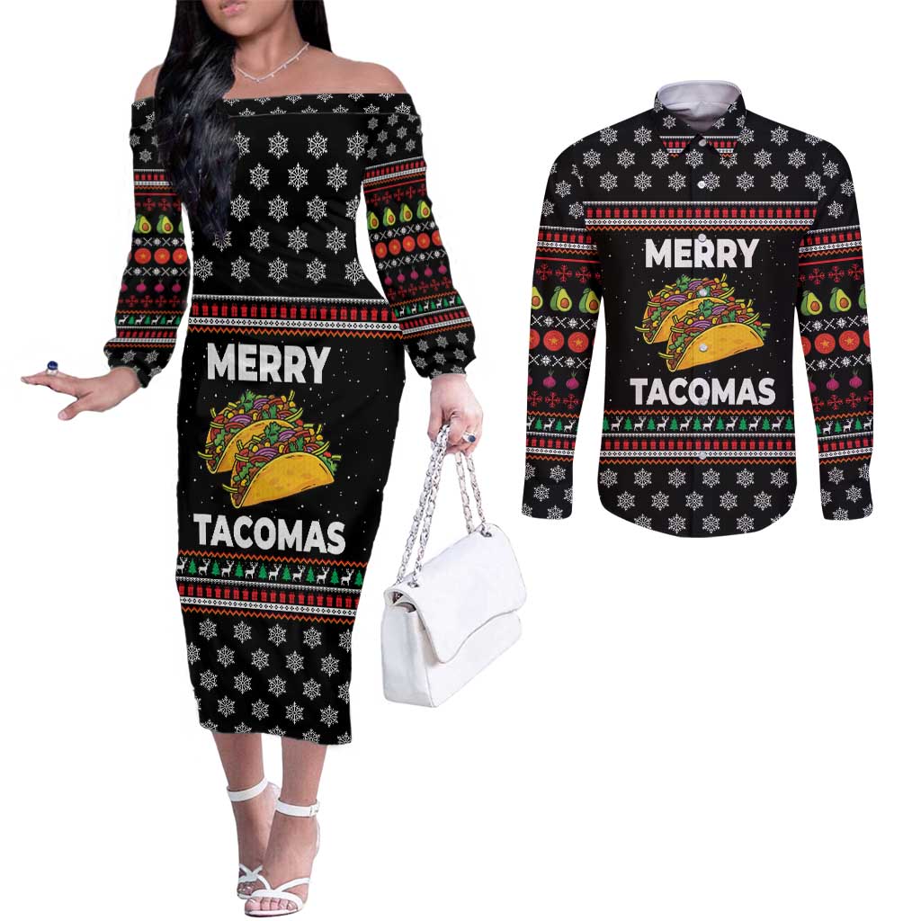 Merry Tacomas Christmas Couples Matching Off The Shoulder Long Sleeve Dress and Long Sleeve Button Shirt Xmas Holiday Patterns - Wonder Print Shop
