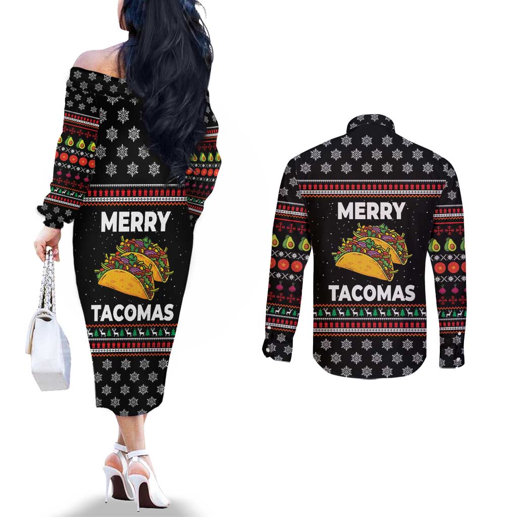 Merry Tacomas Christmas Couples Matching Off The Shoulder Long Sleeve Dress and Long Sleeve Button Shirt Xmas Holiday Patterns - Wonder Print Shop