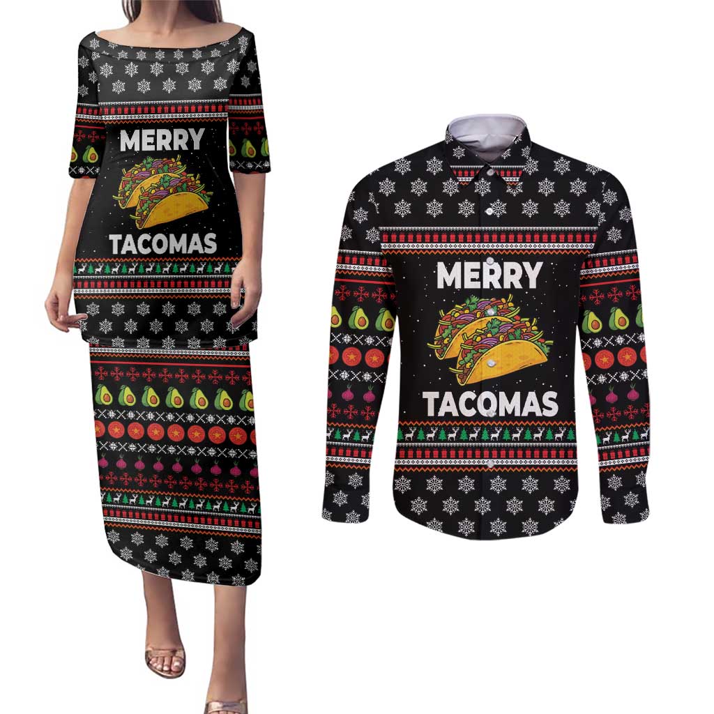 Merry Tacomas Christmas Couples Matching Puletasi and Long Sleeve Button Shirt Xmas Holiday Patterns - Wonder Print Shop