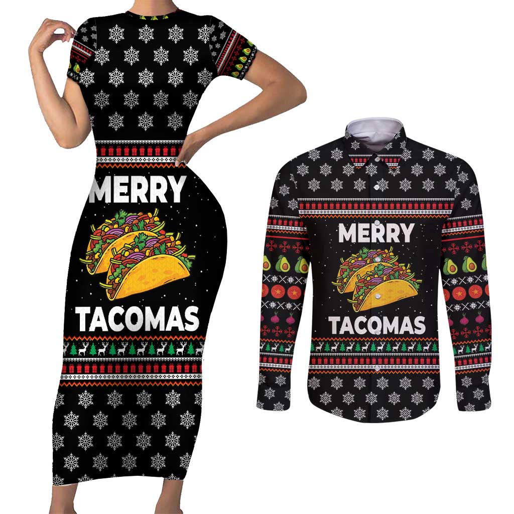 Merry Tacomas Christmas Couples Matching Short Sleeve Bodycon Dress and Long Sleeve Button Shirt Xmas Holiday Patterns - Wonder Print Shop