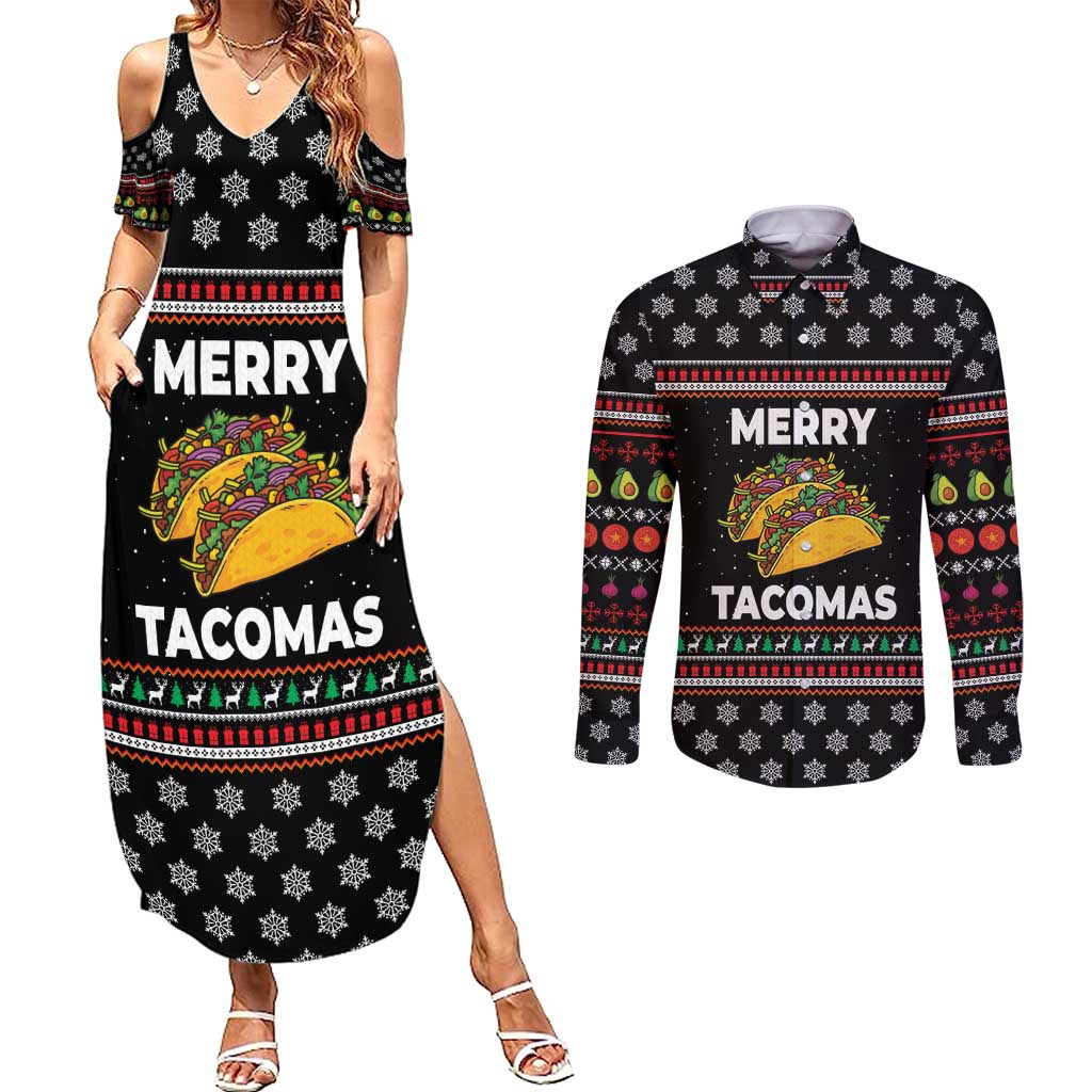 Merry Tacomas Christmas Couples Matching Summer Maxi Dress and Long Sleeve Button Shirt Xmas Holiday Patterns - Wonder Print Shop