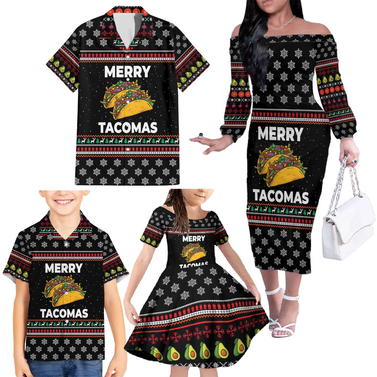 Merry Tacomas Christmas Family Matching Off The Shoulder Long Sleeve Dress and Hawaiian Shirt Xmas Holiday Patterns - Wonder Print Shop