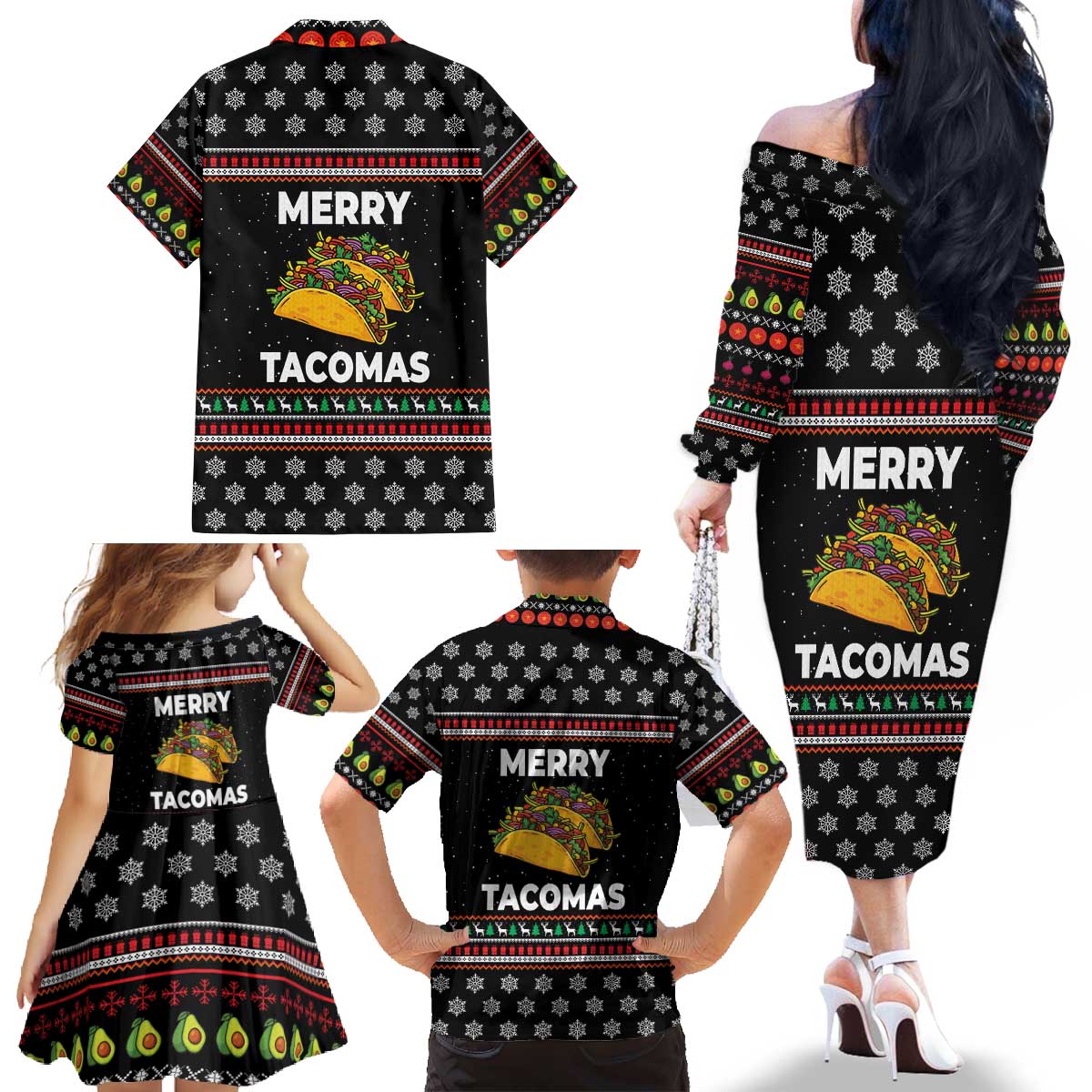 Merry Tacomas Christmas Family Matching Off The Shoulder Long Sleeve Dress and Hawaiian Shirt Xmas Holiday Patterns - Wonder Print Shop