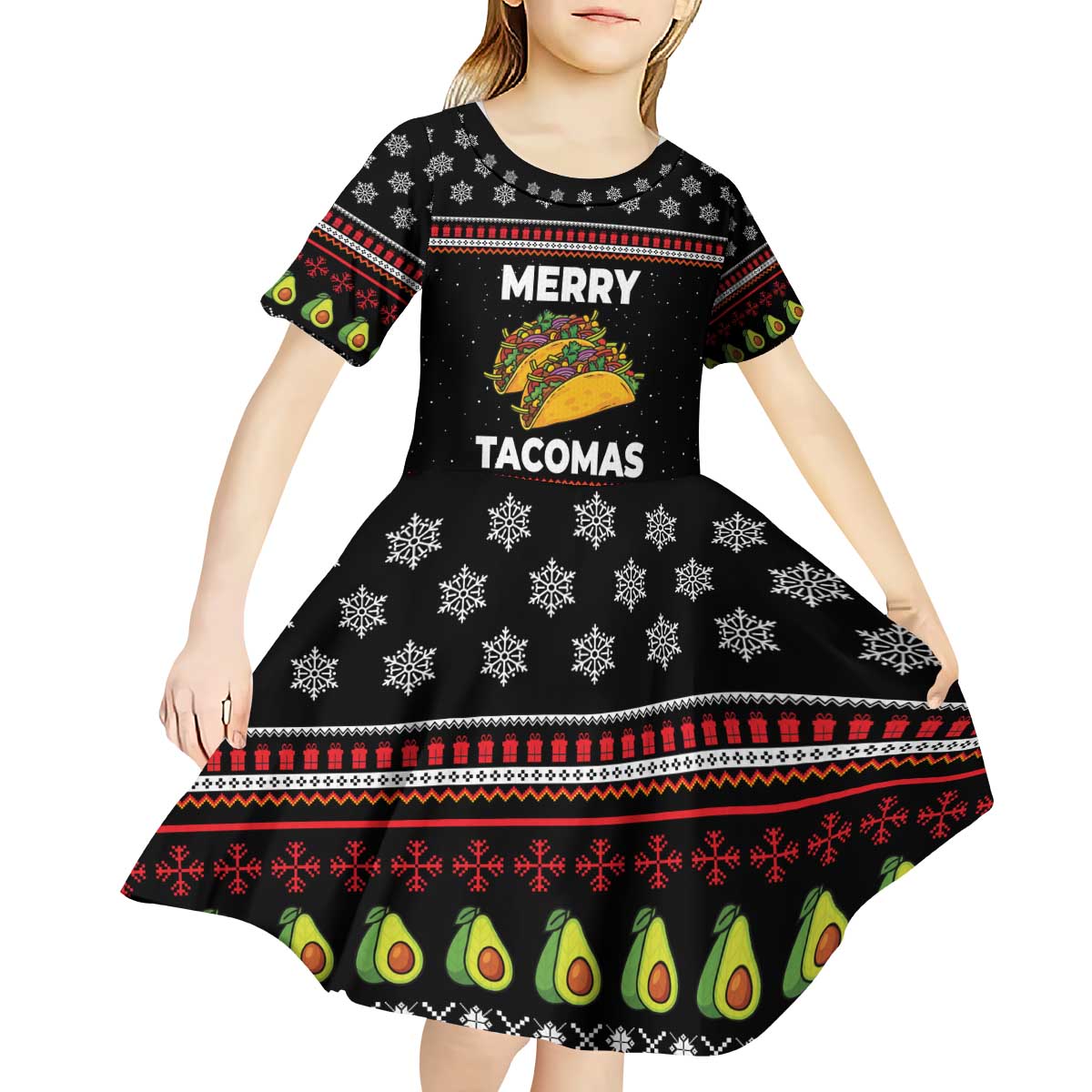 Merry Tacomas Christmas Kid Short Sleeve Dress Xmas Holiday Patterns - Wonder Print Shop