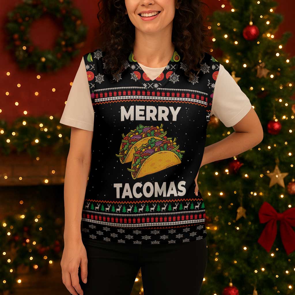 Merry Tacomas Christmas Knitted V-Neck Vest Xmas Holiday Patterns - Wonder Print Shop