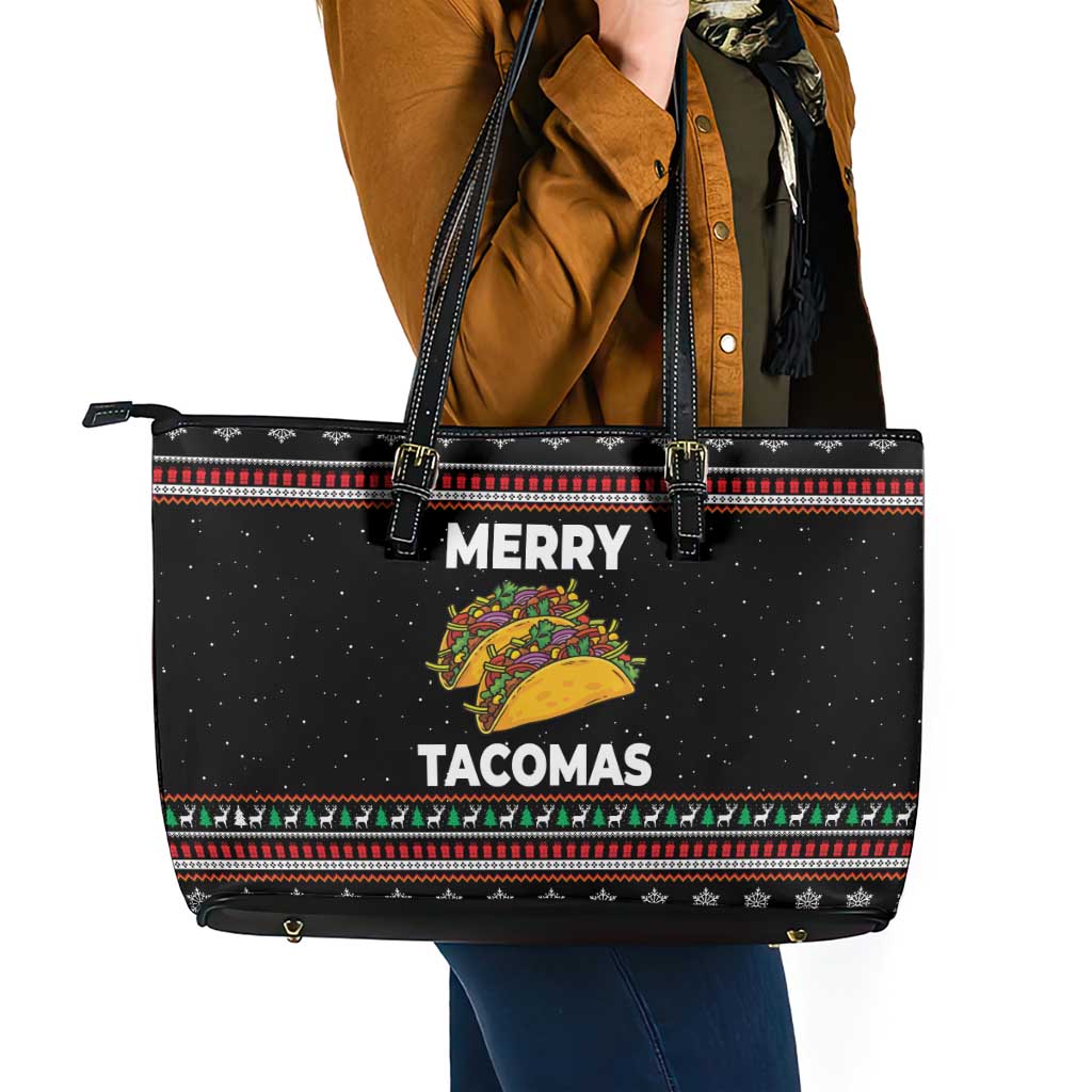 Merry Tacomas Christmas Leather Tote Bag Xmas Holiday Patterns - Wonder Print Shop