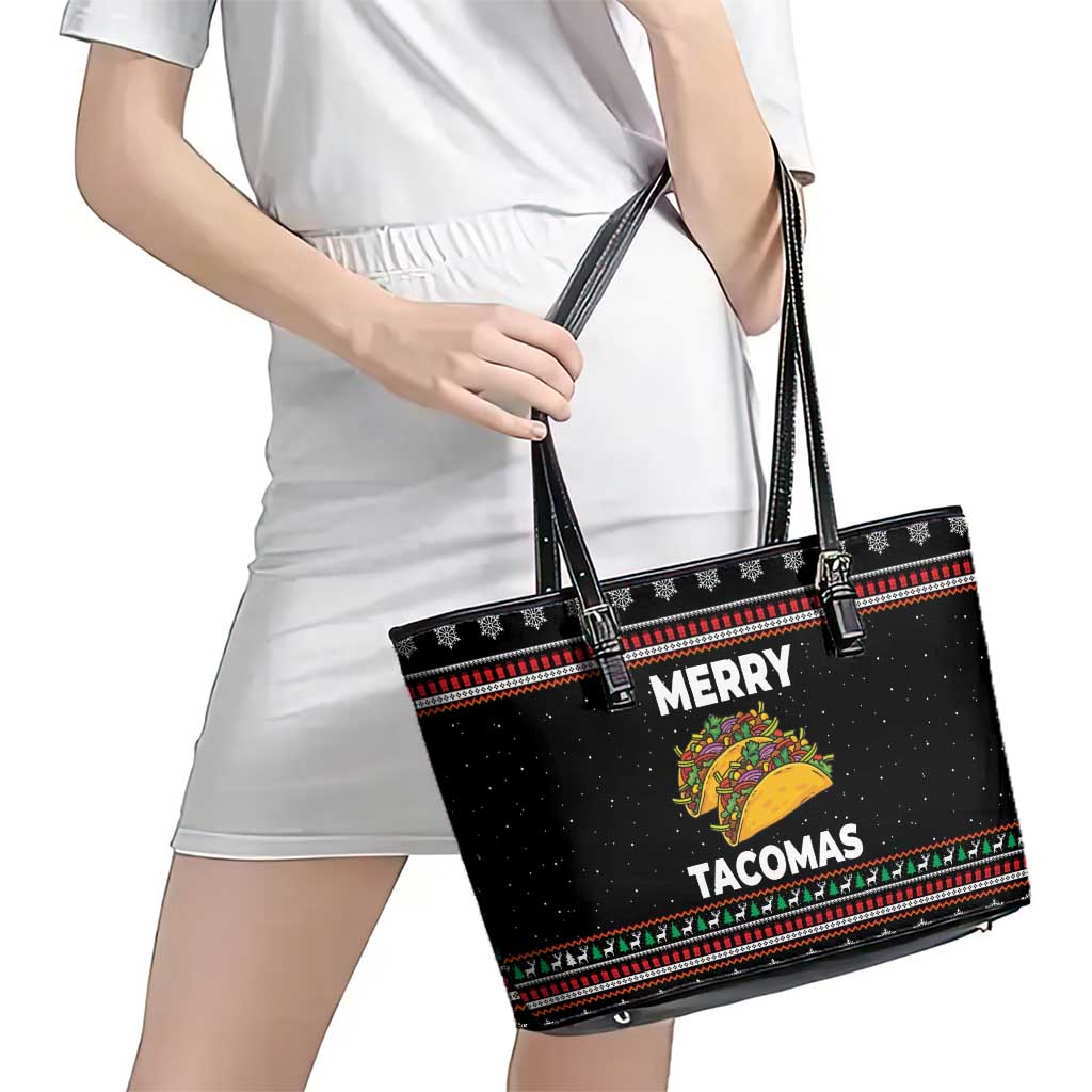 Merry Tacomas Christmas Leather Tote Bag Xmas Holiday Patterns - Wonder Print Shop