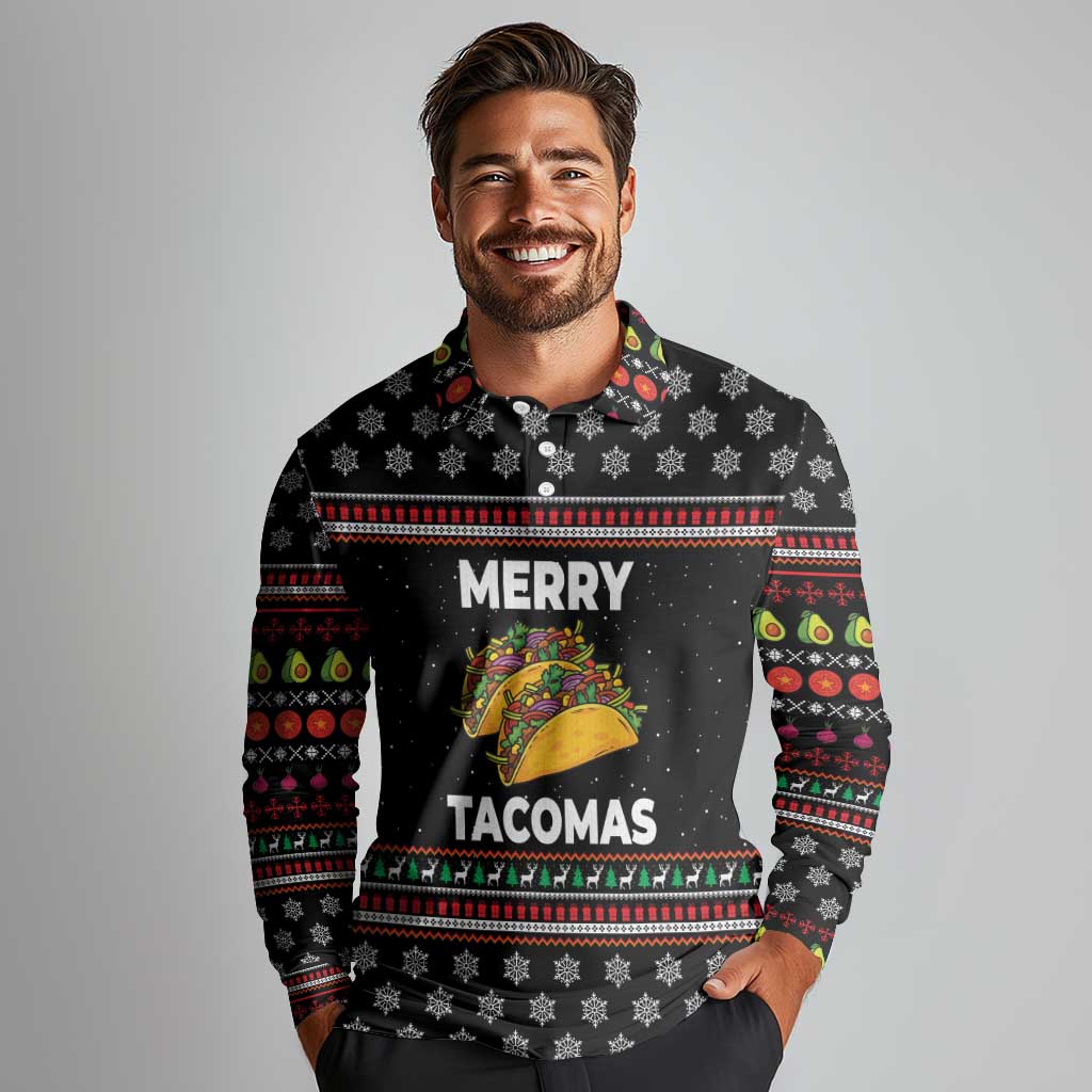Merry Tacomas Christmas Long Sleeve Polo Shirt Xmas Holiday Patterns - Wonder Print Shop