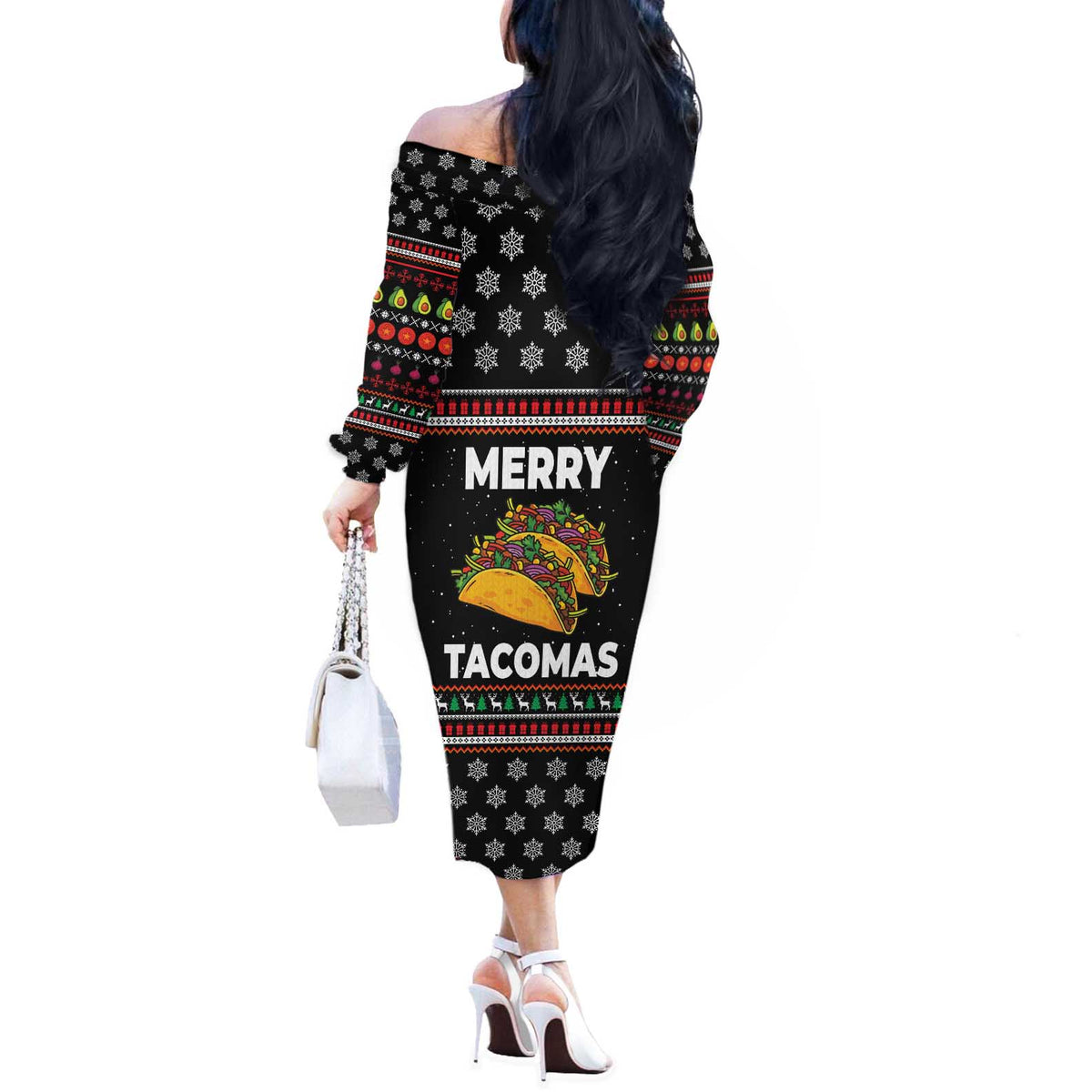 Merry Tacomas Christmas Off The Shoulder Long Sleeve Dress Xmas Holiday Patterns - Wonder Print Shop