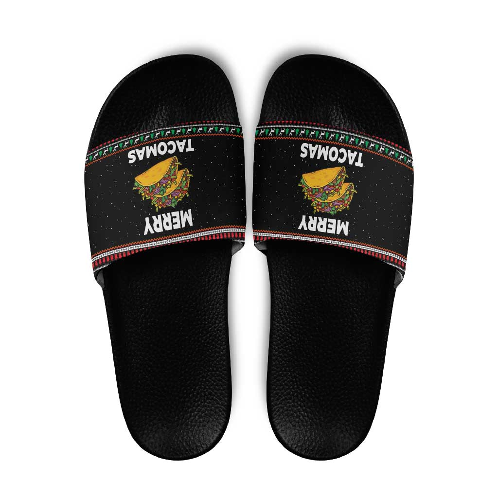 Merry Tacomas Christmas Slide Sandals Xmas Holiday Patterns - Wonder Print Shop