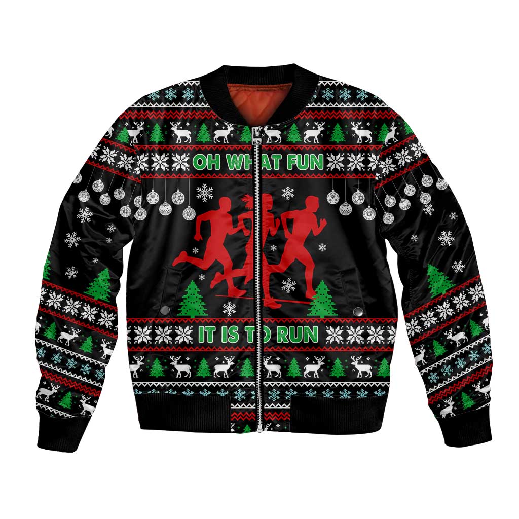 Running Oh What Fun Christmas Bomber Jacket Xmas Holiday Patterns - Wonder Print Shop