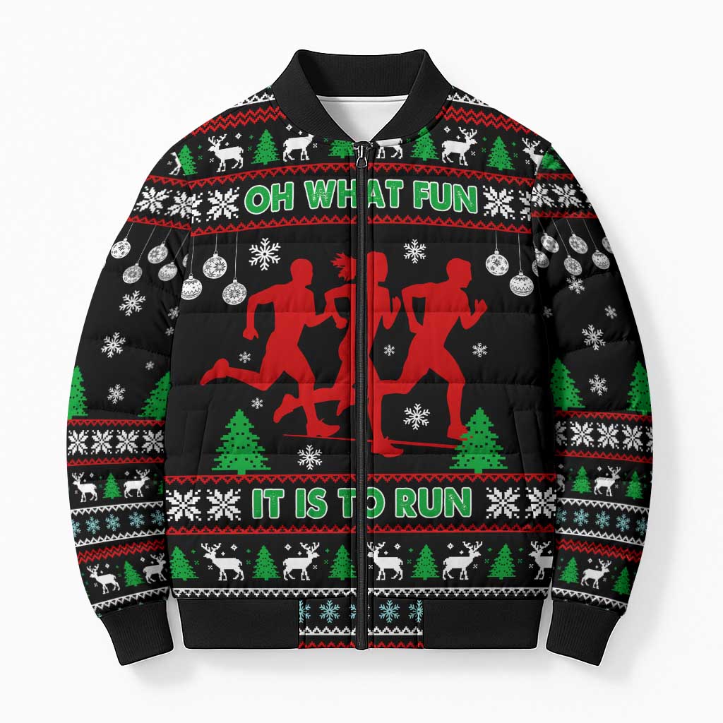 Running Oh What Fun Christmas Bomber Puffer Jacket Xmas Holiday Patterns - Wonder Print Shop
