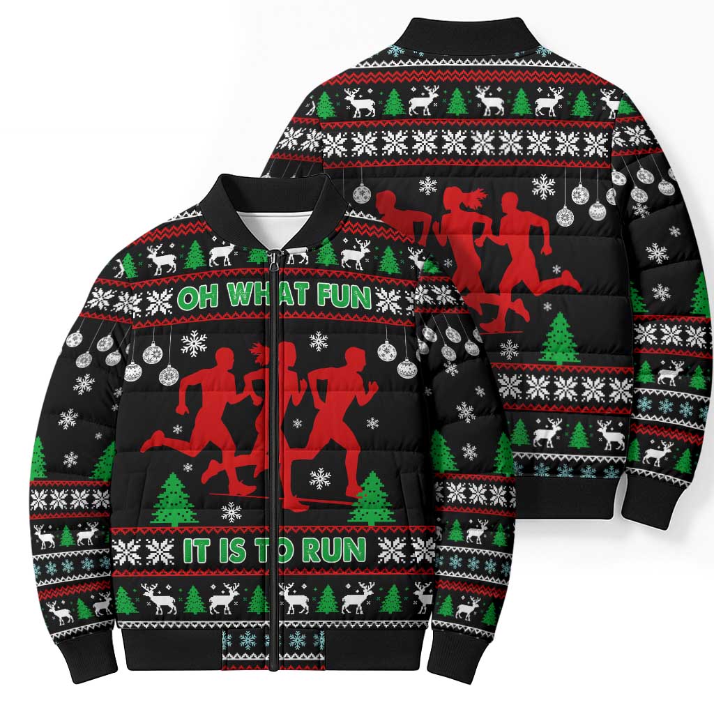 Running Oh What Fun Christmas Bomber Puffer Jacket Xmas Holiday Patterns - Wonder Print Shop