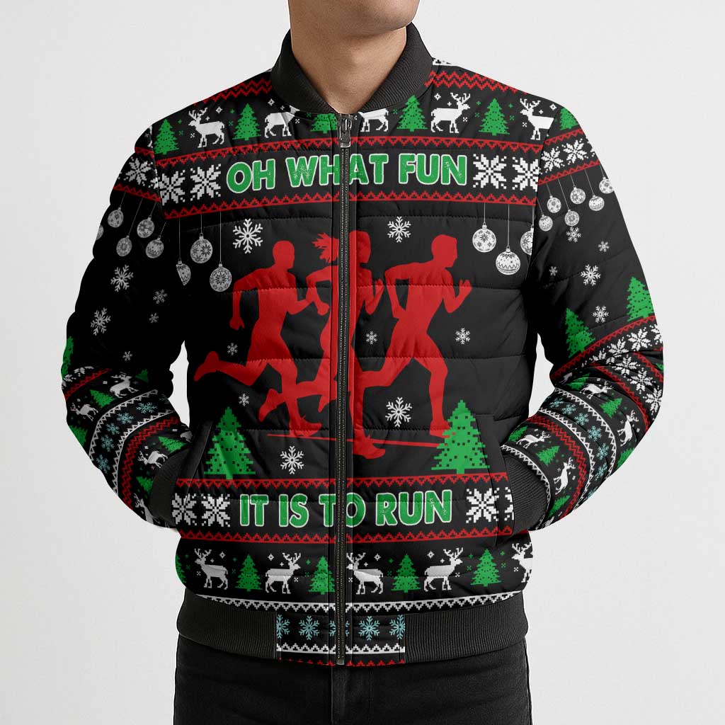 Running Oh What Fun Christmas Bomber Puffer Jacket Xmas Holiday Patterns - Wonder Print Shop