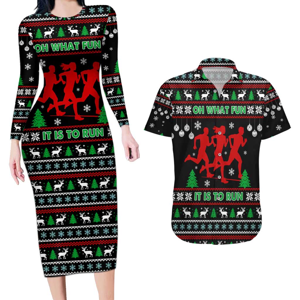 Running Oh What Fun Christmas Couples Matching Long Sleeve Bodycon Dress and Hawaiian Shirt Xmas Holiday Patterns - Wonder Print Shop