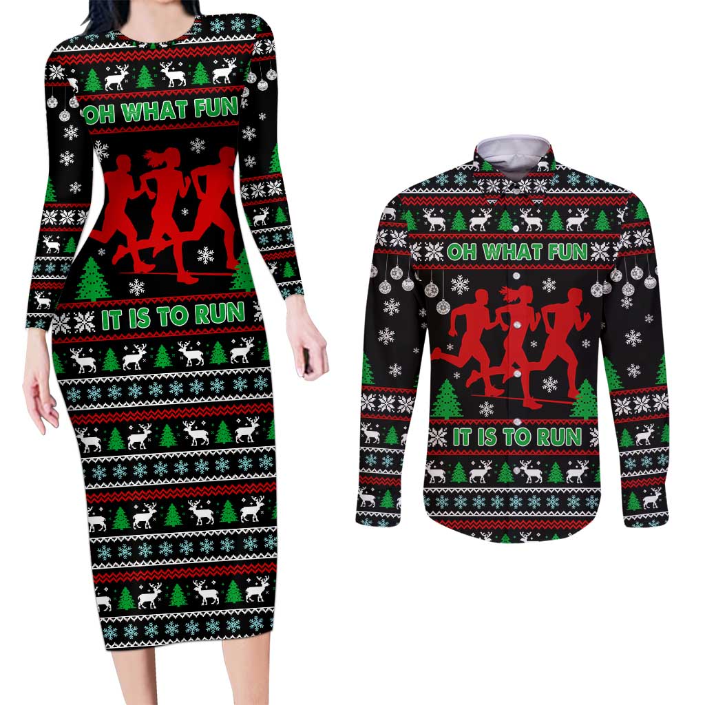 Running Oh What Fun Christmas Couples Matching Long Sleeve Bodycon Dress and Long Sleeve Button Shirt Xmas Holiday Patterns - Wonder Print Shop