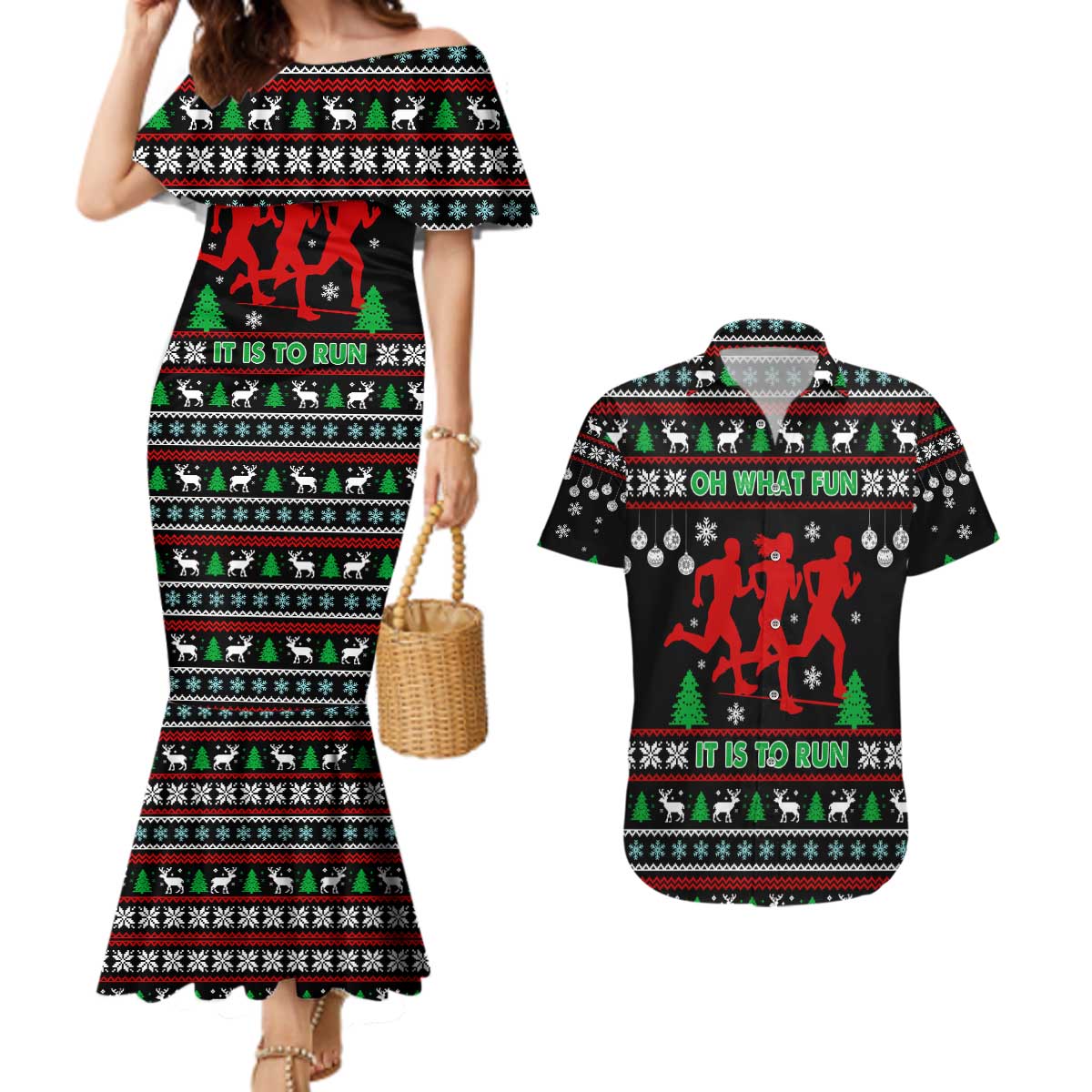 Running Oh What Fun Christmas Couples Matching Mermaid Dress and Hawaiian Shirt Xmas Holiday Patterns - Wonder Print Shop
